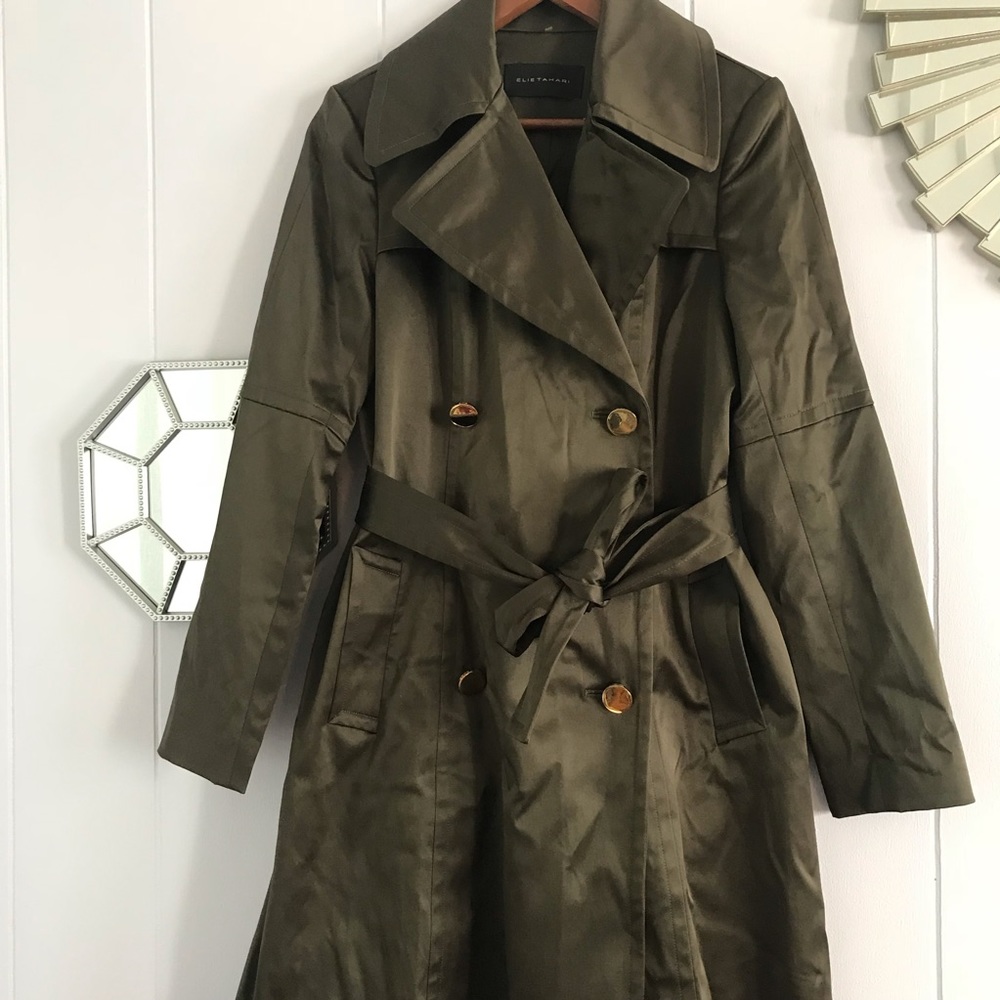 Elie Tahari Satin Olive Green Trench Coat 4 - Picture 2 of 7